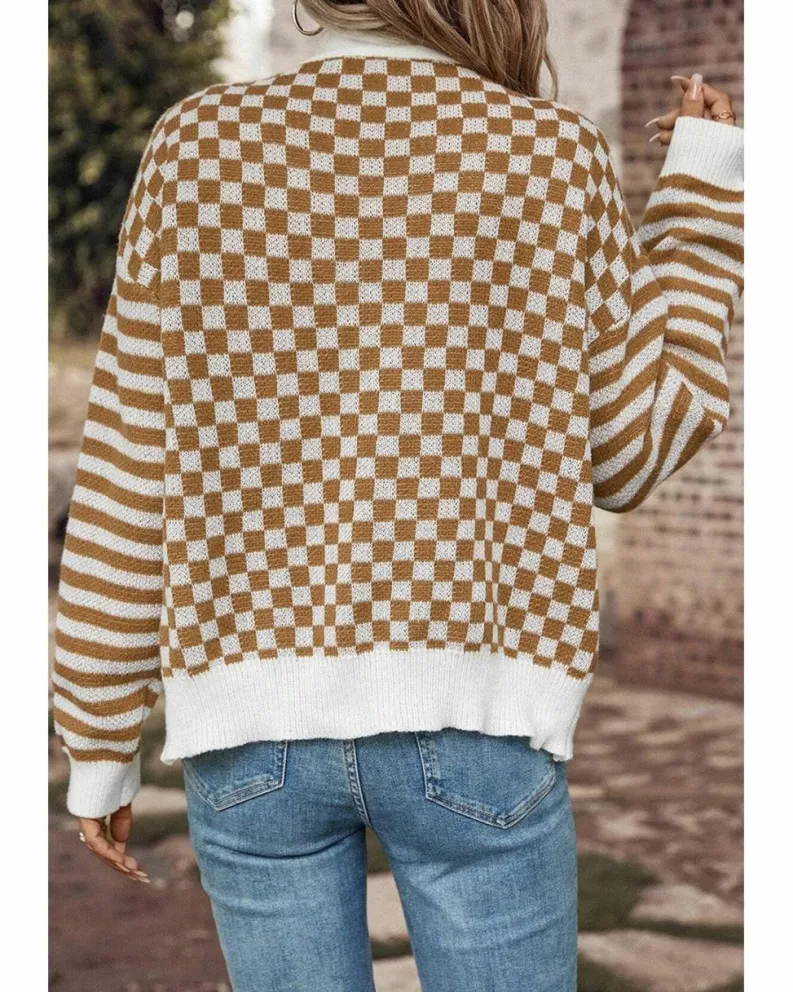 Cardigans*Azura Exchange Checkered Striped Patched Buttoned V Neck Cardigan Brown