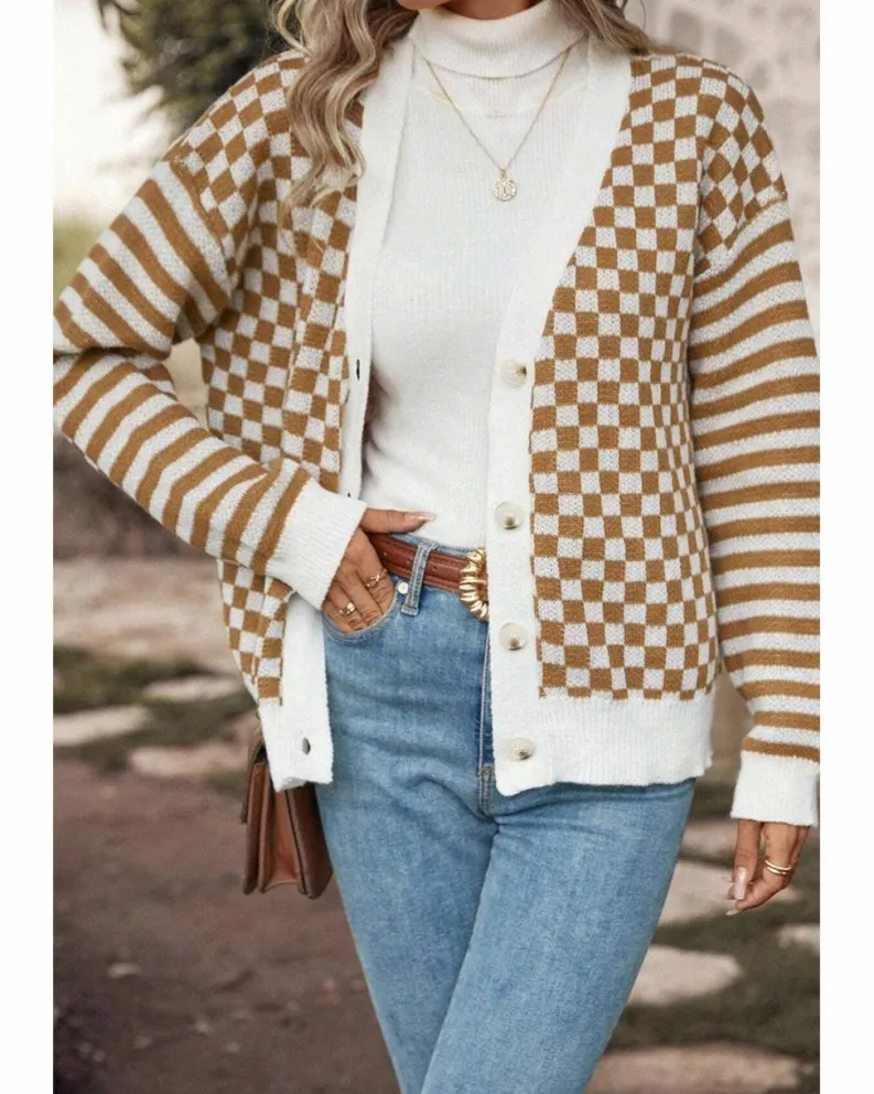 Cardigans*Azura Exchange Checkered Striped Patched Buttoned V Neck Cardigan Brown