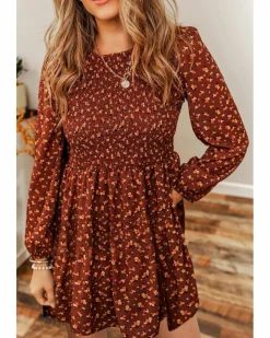 Smock Dresses*Azura Exchange Floral Smocked Bodice Mini Dress Brown