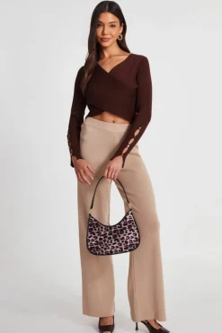 Jumpers*Quiz Knit Crossover Cropped Jumper Brown