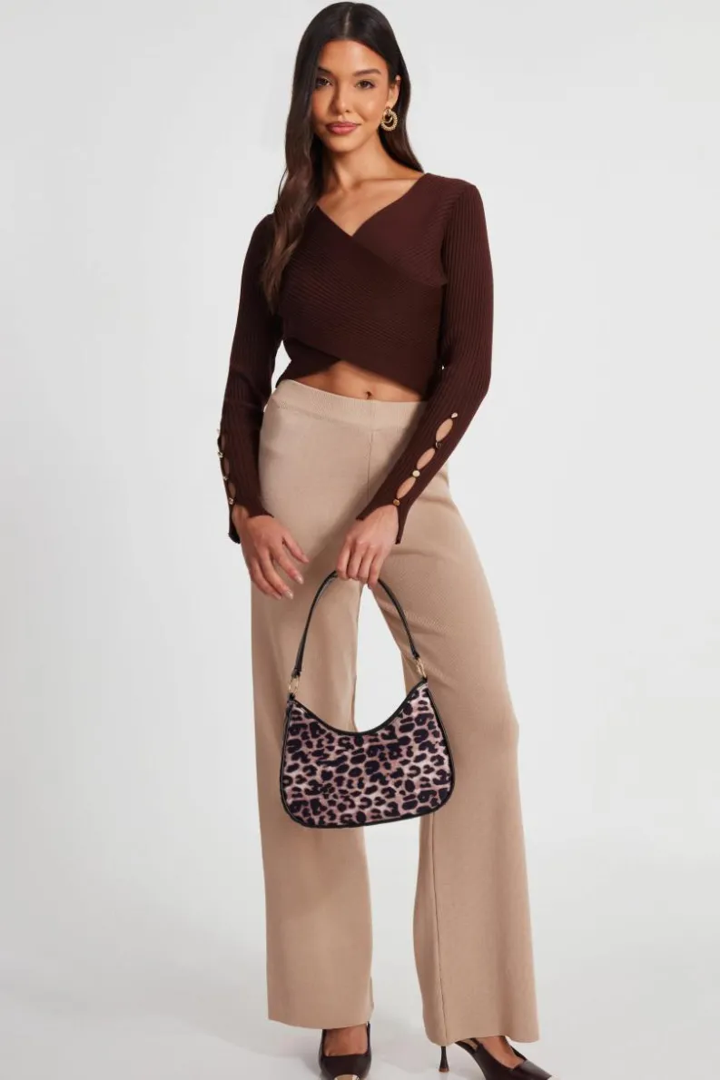 Jumpers*Quiz Knit Crossover Cropped Jumper Brown