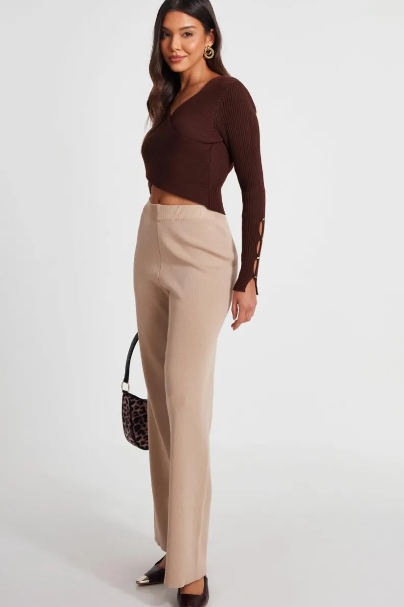 Jumpers*Quiz Knit Crossover Cropped Jumper Brown