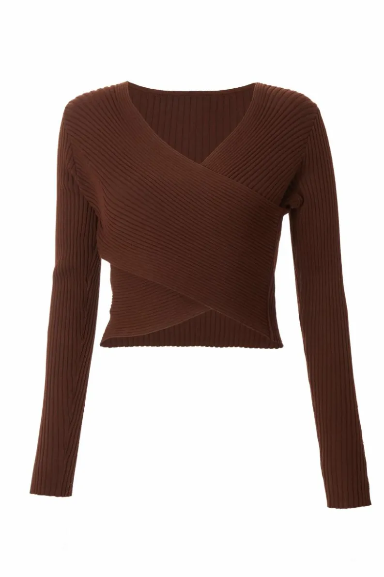 Jumpers*Quiz Knit Crossover Cropped Jumper Brown