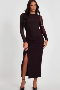 Bodycon Dresses*Quiz Mesh Long Sleeve Midaxi Dress Brown