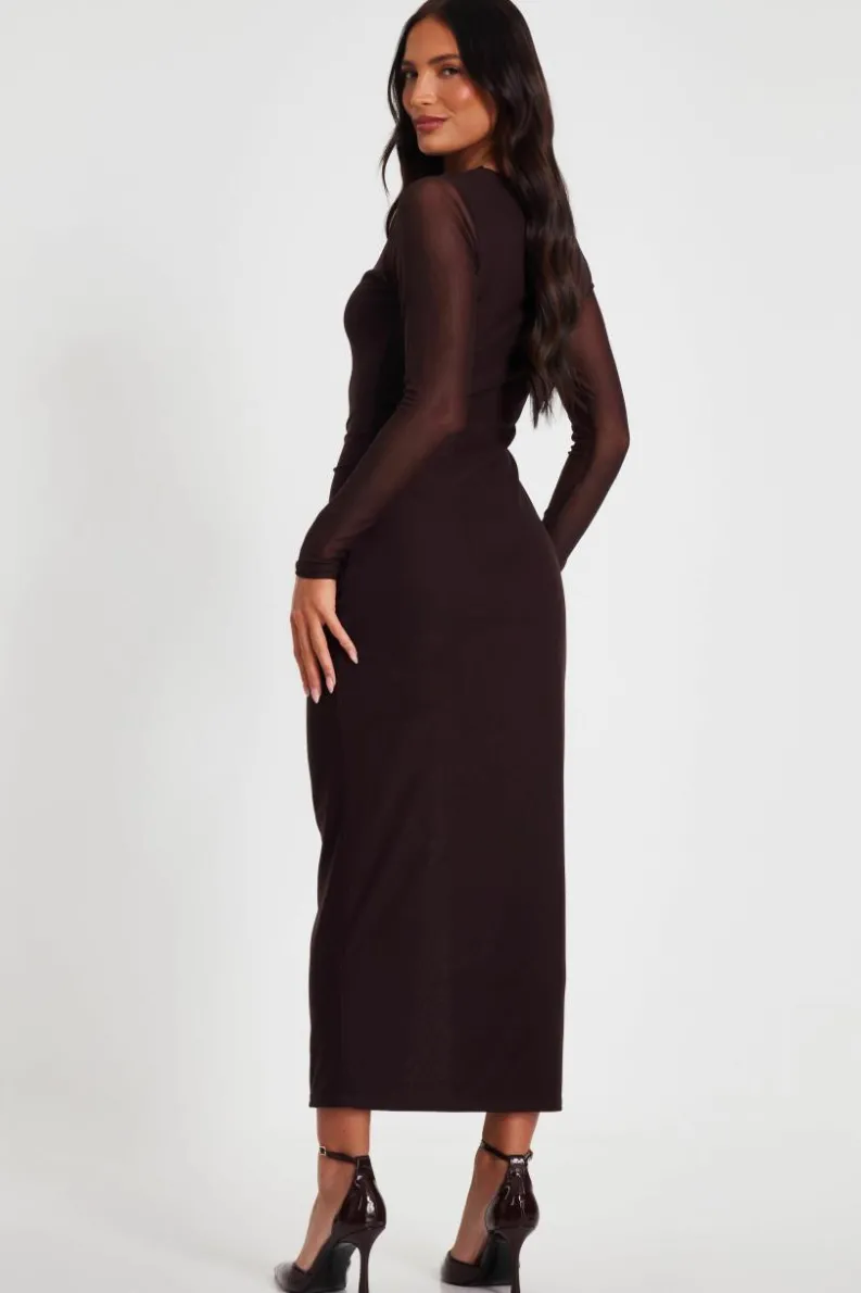 Bodycon Dresses*Quiz Mesh Long Sleeve Midaxi Dress Brown