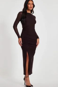 Bodycon Dresses*Quiz Mesh Long Sleeve Midaxi Dress Brown