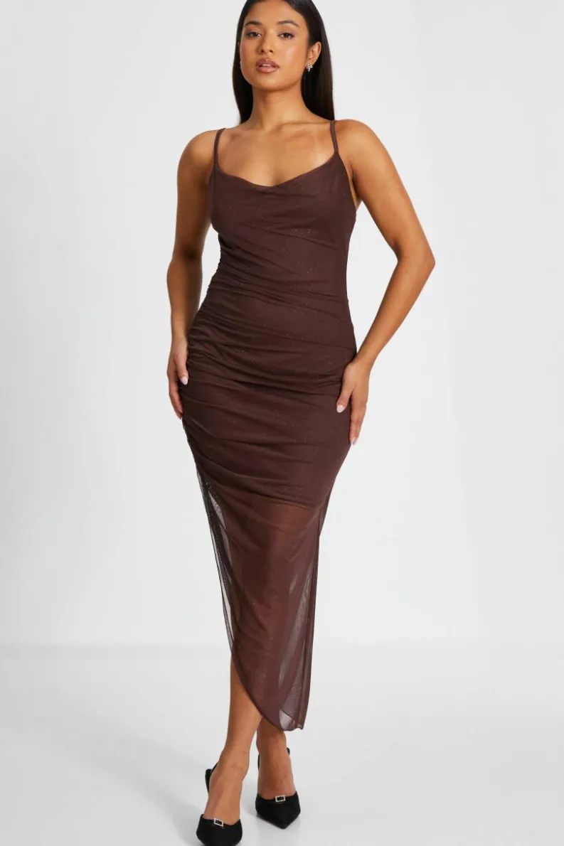 Bodycon Dresses*Quiz Petite Glitter Mesh Midaxi Dress Brown