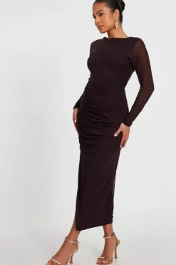 Bodycon Dresses*Quiz Petite Mesh Long Sleeve Midaxi Dress Brown