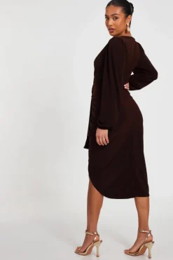 Midi Dresses*Quiz Petite Ruched Midi Dress Brown