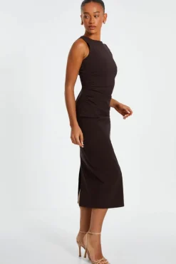 Midi Dresses*Quiz Ruched Midi Dress Brown