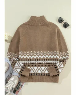 Cardigans*Azura Exchange Western Printed Ribbed Trim Collared Zip up Cardigan Brown