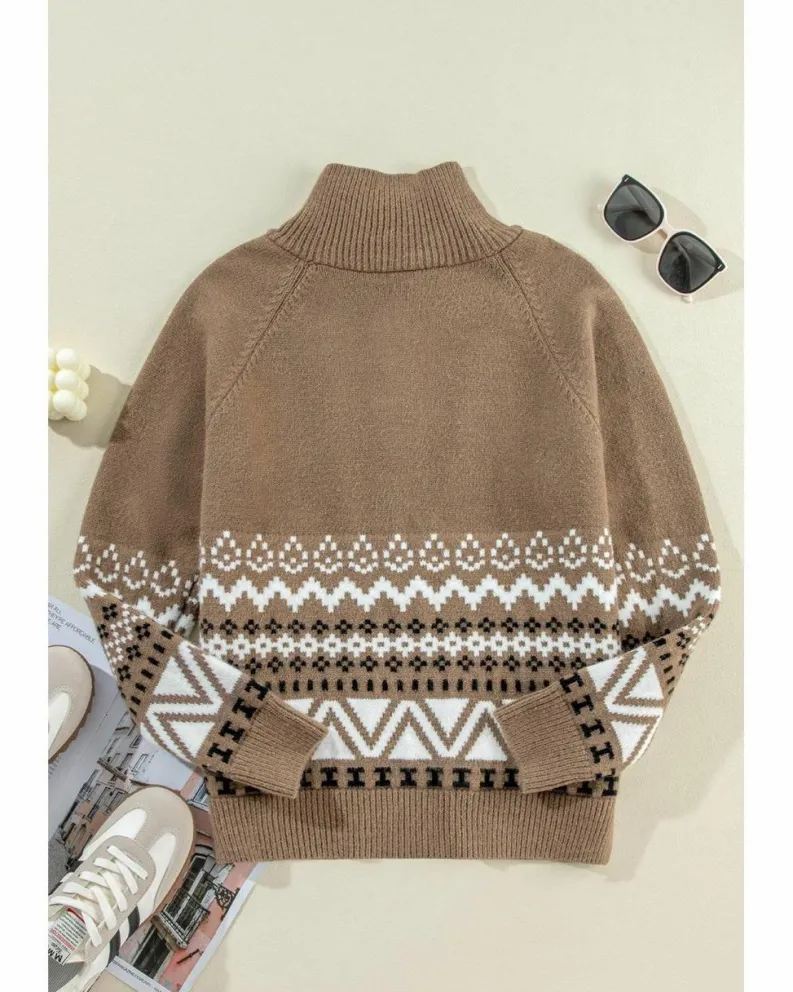 Cardigans*Azura Exchange Western Printed Ribbed Trim Collared Zip up Cardigan Brown
