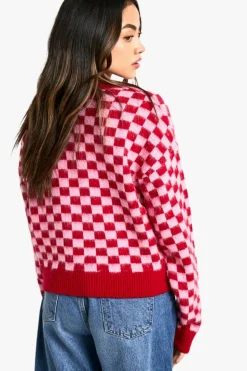 Jumpers|Jumpers & Cardigans*boohoo Brushed Knit Checked Crop Jumper bright pink