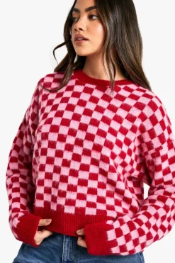 Jumpers|Jumpers & Cardigans*boohoo Brushed Knit Checked Crop Jumper bright pink