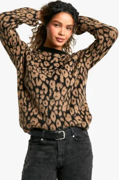 Oversized Jumpers|Jumpers*boohoo Brushed Knit Oversized Crew Neck Jumper leopard