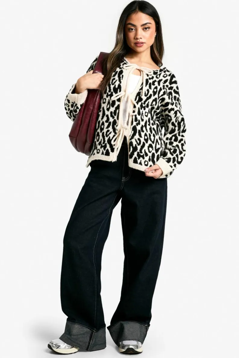 Cardigans|Jumpers & Cardigans*boohoo Brushed Knit Tie Front Leopard Cardigan mono
