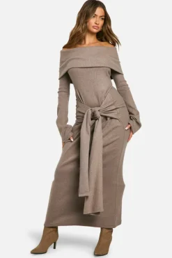 Maxi Dresses*boohoo Brushed Rib Bardot Maxi Dress taupe