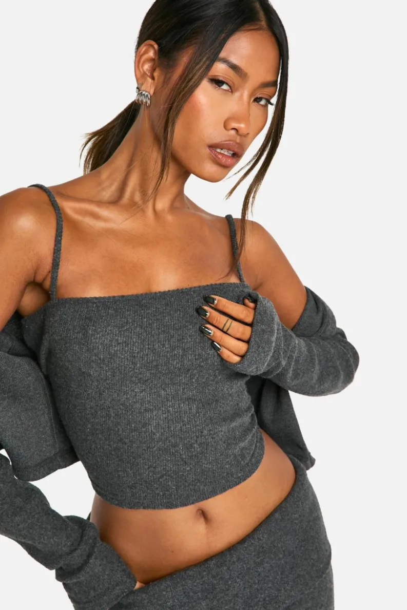 Knitted Tops|Co-Ord Sets*boohoo Brushed Rib Button Through Cardigan & Cami Top charcoal