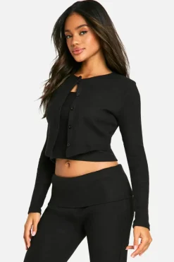 Knitted Tops*boohoo Brushed Rib Button Through Cardigan & Cami Top black