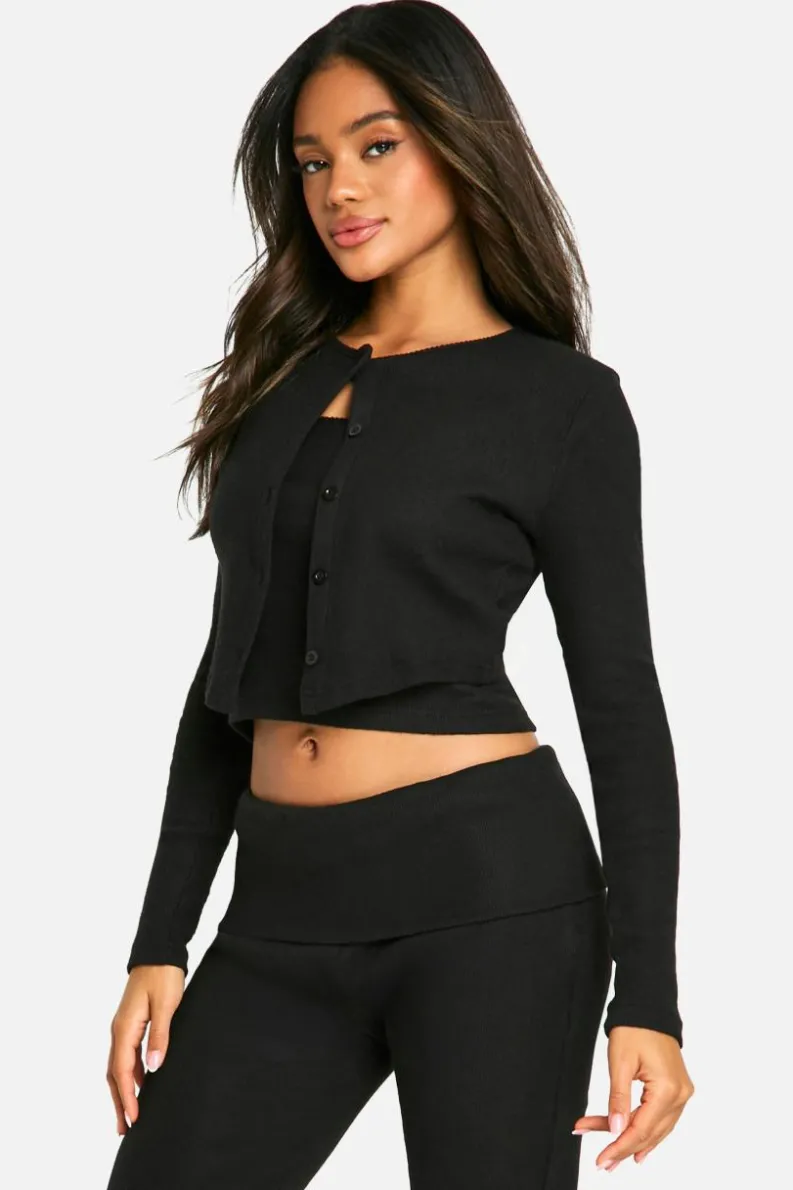 Knitted Tops*boohoo Brushed Rib Button Through Cardigan & Cami Top black