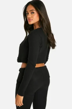 Knitted Tops*boohoo Brushed Rib Button Through Cardigan & Cami Top black