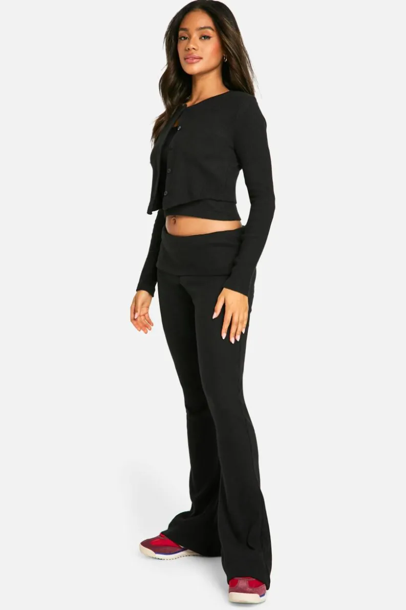 Knitted Tops*boohoo Brushed Rib Button Through Cardigan & Cami Top black