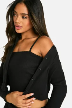 Knitted Tops*boohoo Brushed Rib Button Through Cardigan & Cami Top black