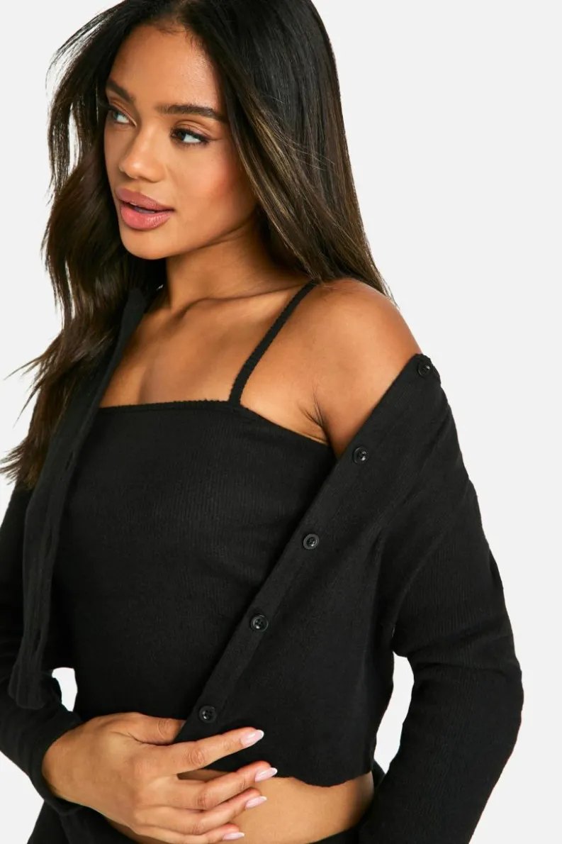 Knitted Tops*boohoo Brushed Rib Button Through Cardigan & Cami Top black