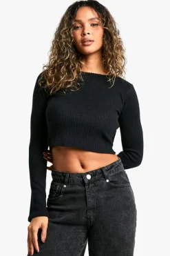 Long Sleeve Tops*boohoo Brushed Rib Crew Neck Long Sleeve Top black