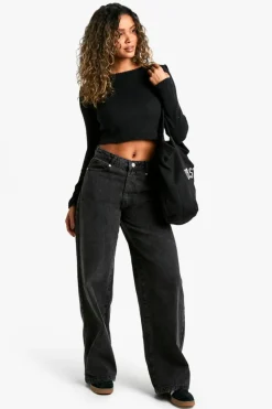 Long Sleeve Tops*boohoo Brushed Rib Crew Neck Long Sleeve Top black