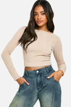 Long Sleeve Tops|Tops*boohoo Brushed Rib Crew Neck Long Sleeve Top stone