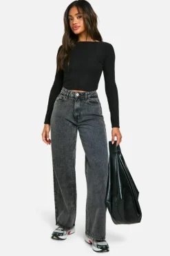 Long Sleeve Tops|Tops*boohoo Brushed Rib Crew Neck Long Sleeve Top black