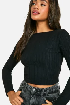 Long Sleeve Tops|Tops*boohoo Brushed Rib Crew Neck Long Sleeve Top black