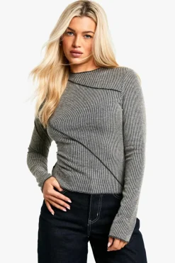 Long Sleeve Tops*boohoo Brushed Rib Exposed Seam Long Sleeve Top oatmeal