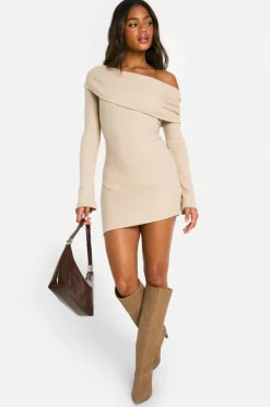 Bodycon Dresses|Mini Dresses*boohoo Brushed Rib Mini Long Sleeve Dress stone