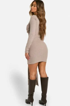 Bodycon Dresses*boohoo Brushed Rib Tie Long Sleeve Mini Dress taupe