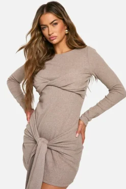 Bodycon Dresses*boohoo Brushed Rib Tie Long Sleeve Mini Dress taupe