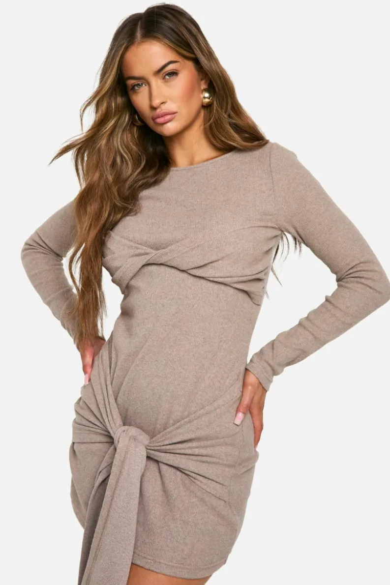 Bodycon Dresses*boohoo Brushed Rib Tie Long Sleeve Mini Dress taupe