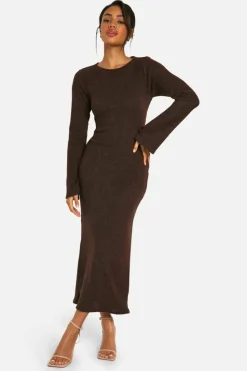 Long Sleeve Dresses|Long Sleeve Dresses*boohoo Brushed Rib Twist Back Midaxi Dress chocolate