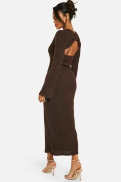Long Sleeve Dresses|Long Sleeve Dresses*boohoo Brushed Rib Twist Back Midaxi Dress chocolate