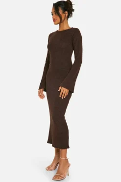 Long Sleeve Dresses|Long Sleeve Dresses*boohoo Brushed Rib Twist Back Midaxi Dress chocolate