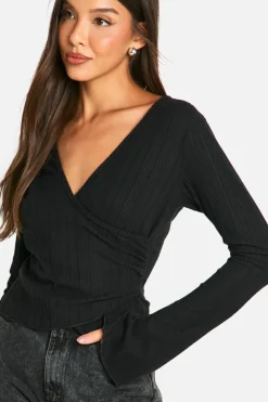 Long Sleeve Tops|Tops*boohoo Brushed Rib Wrap Front Long Sleeve Top black