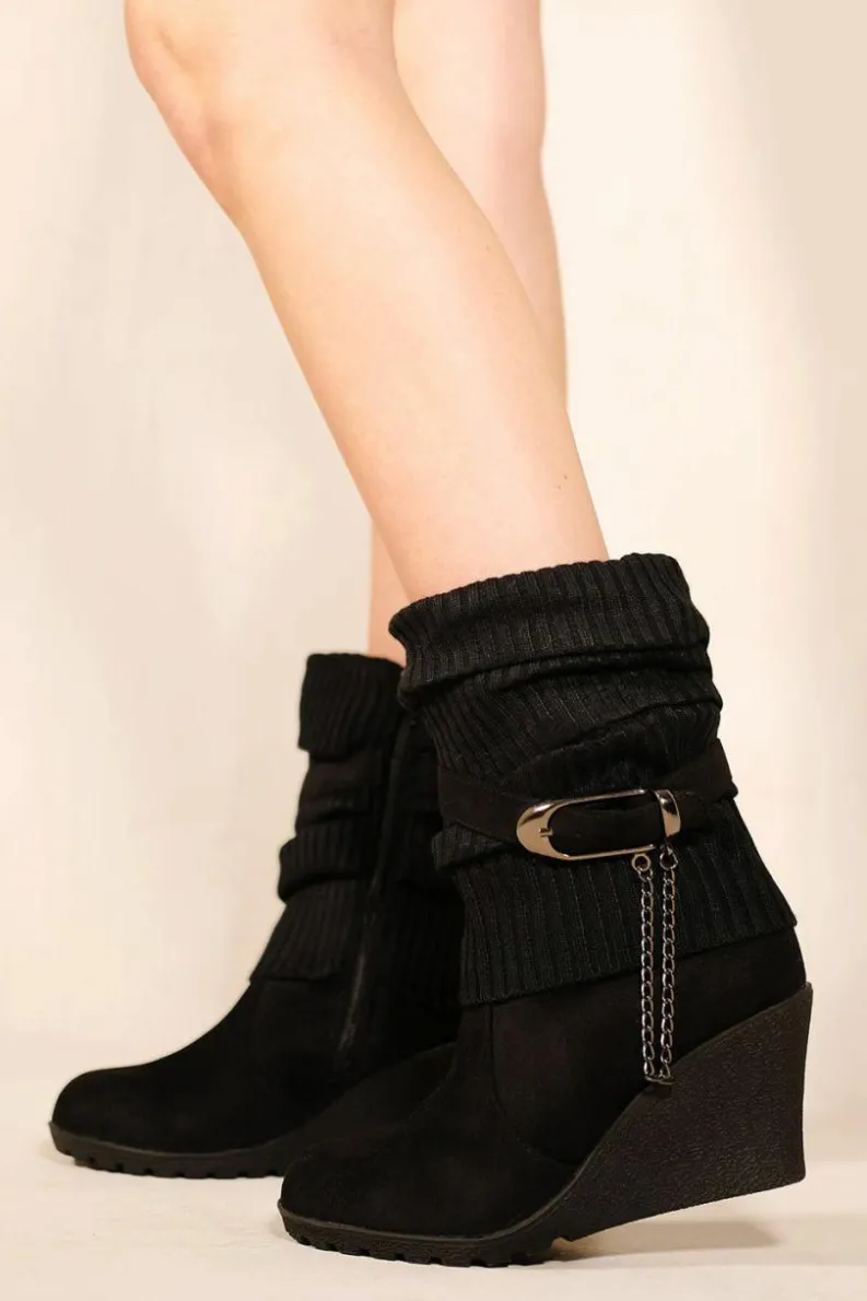 Wedges*Where's That From Bryony' Wedge Heel Slouchy Ankle Boots With Knitted Collar Black