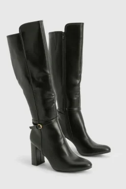 Heels|Over The Knee Boots*boohoo Buckle Detail Block Heel Knee High Boots black