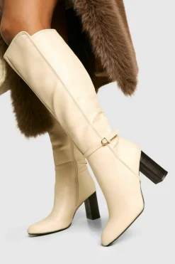 Heels|Over The Knee Boots*boohoo Buckle Detail Block Heel Knee High Boots cream