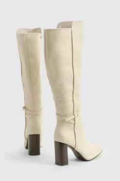 Heels|Over The Knee Boots*boohoo Buckle Detail Block Heel Knee High Boots cream