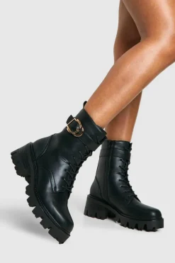 Chunky Boots|Biker Boots*boohoo Buckle Detail Chunky Hiker Boots black