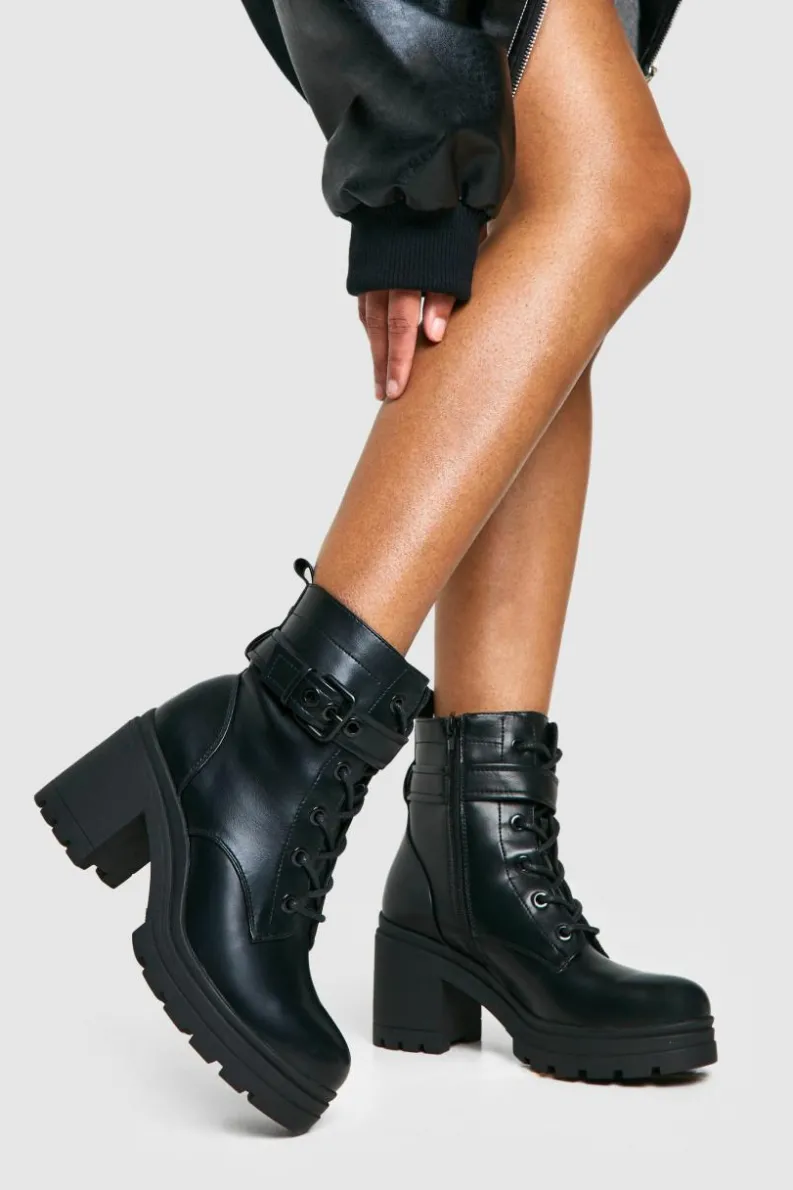 Biker Boots|All Boots*boohoo Buckle Detail Lace Up Hiker Boots black