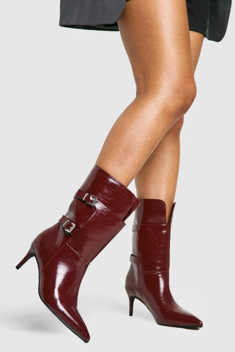 Calf High Boots*boohoo Buckle Detail Stiletto Calf High Boots oxblood