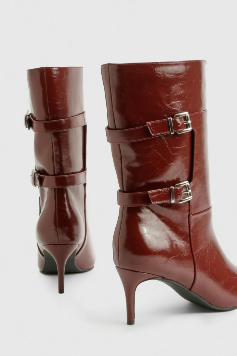 Calf High Boots*boohoo Buckle Detail Stiletto Calf High Boots oxblood